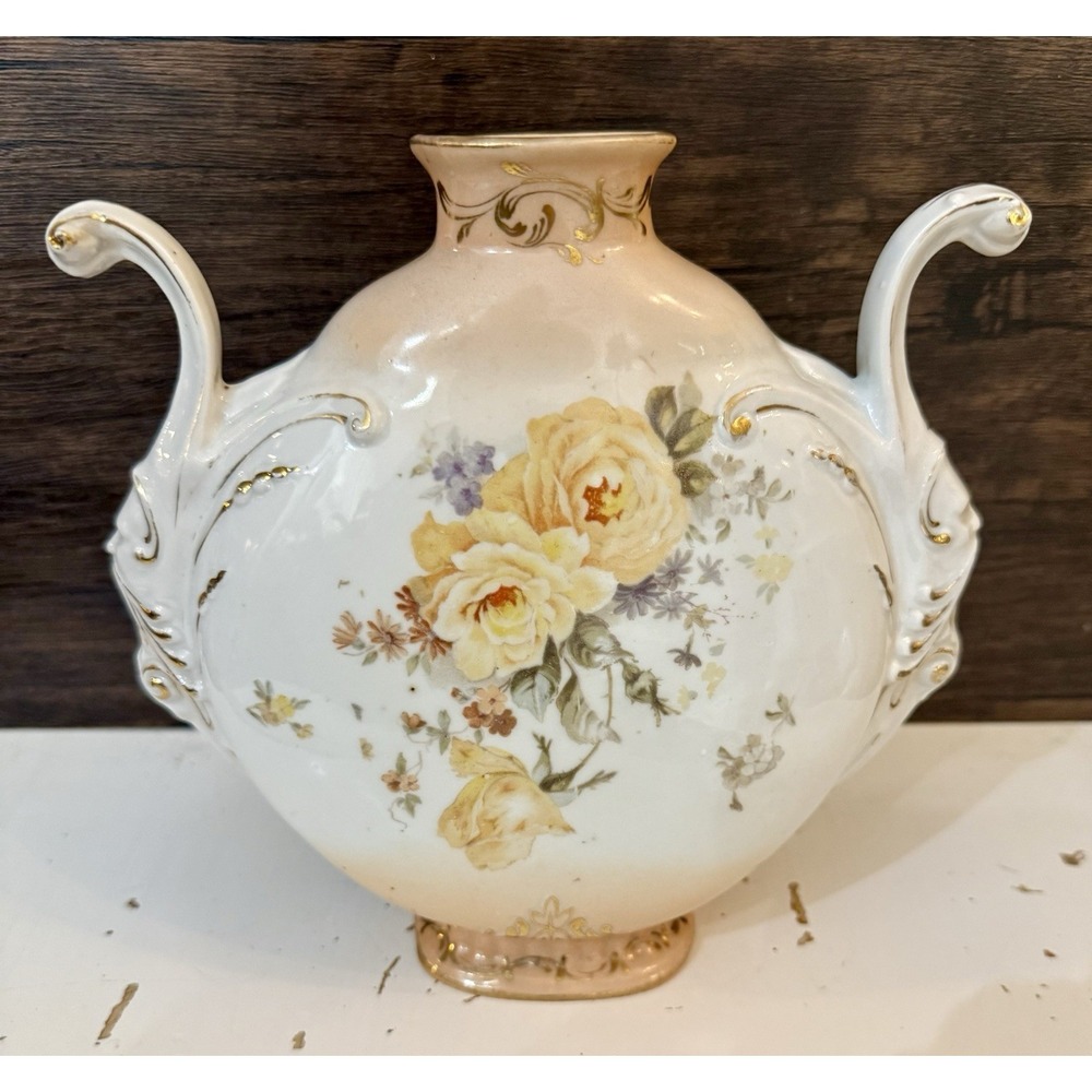 Antique Porcelain Mantel Vase Ram Head Handles Hand Painted Roses Gold Gilt